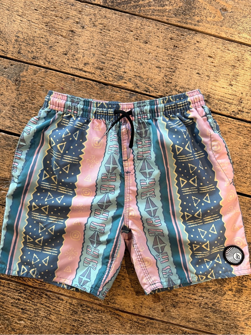 Volcom Kids Tribal Stripe Swim Shorts in Pastel Blue and Pink